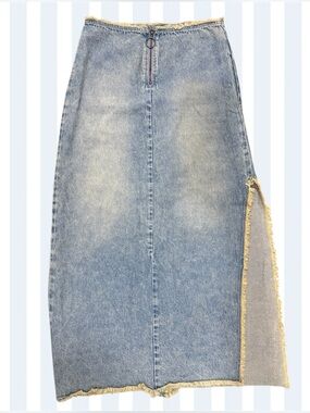 BDG Y2K Style Denim Maxi Skirt w/ High Side Slit & Zipper Washed Faded Denim